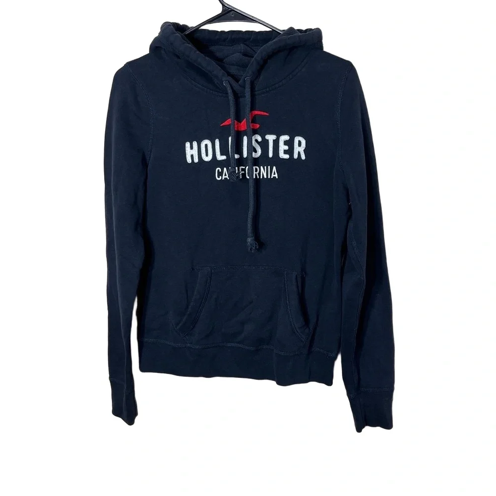Hollister Navy‎ Blue Y2K Pullover Hoodie Logo Drawstring Front Pouch Pocket M